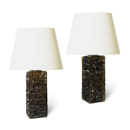 BAC_Tranas_Stilarmatur_PAIR_table_lamps_square_canisters_reliefs_smoky_olive_glass_1