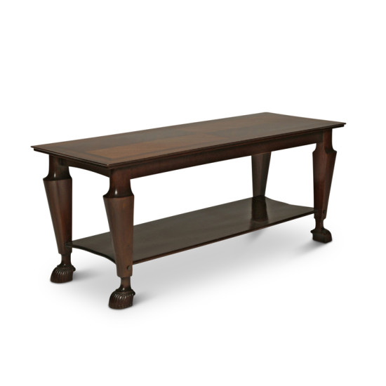Low table in bookmatched mahogany with neoclassical legs